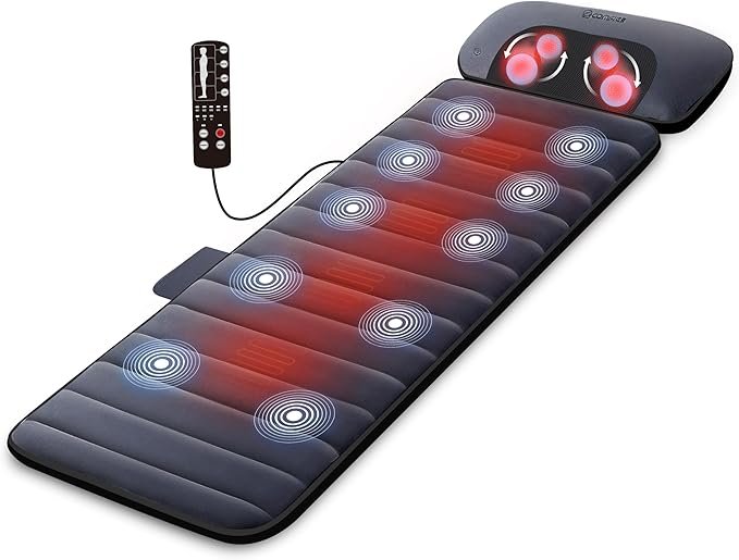 COMFIER Tapis de massage avec fonction chauffante, tapis de massage complet du corps avec coussin de massage Shiatsu mobile, 10 moteurs de vibration et 4 coussins chauffants pour soulager le dos