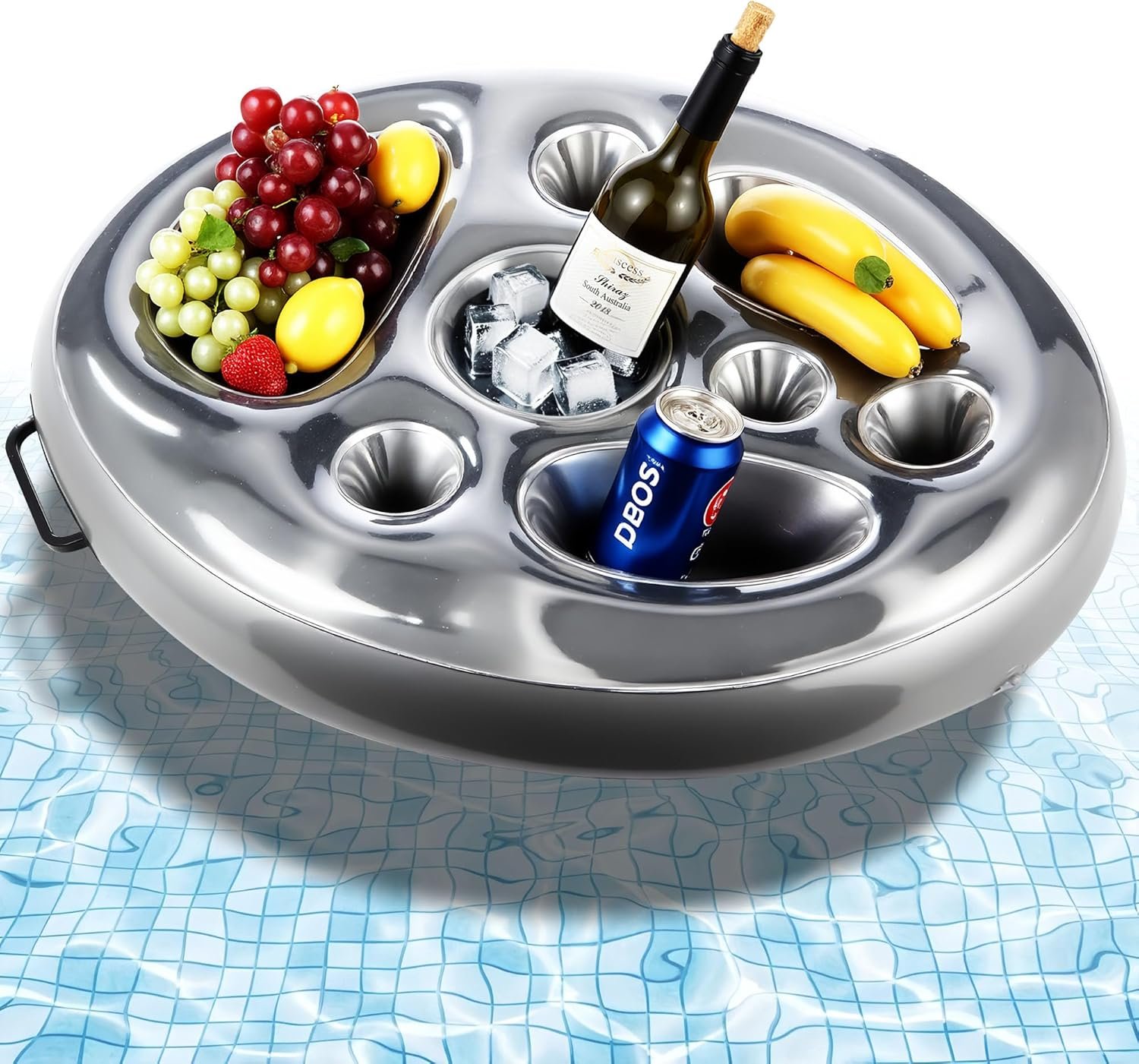 Titre court  Porte-gobelet flottant gonflable 2 en 1 – Bar flottant piscine 8 compartiments (70 x 50 cm)