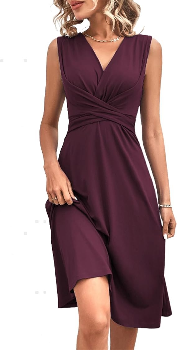 Robe Femme Col en V Robes Manches Elégante A-Line Casual et Chic Dress Été Couleur Unie Mini