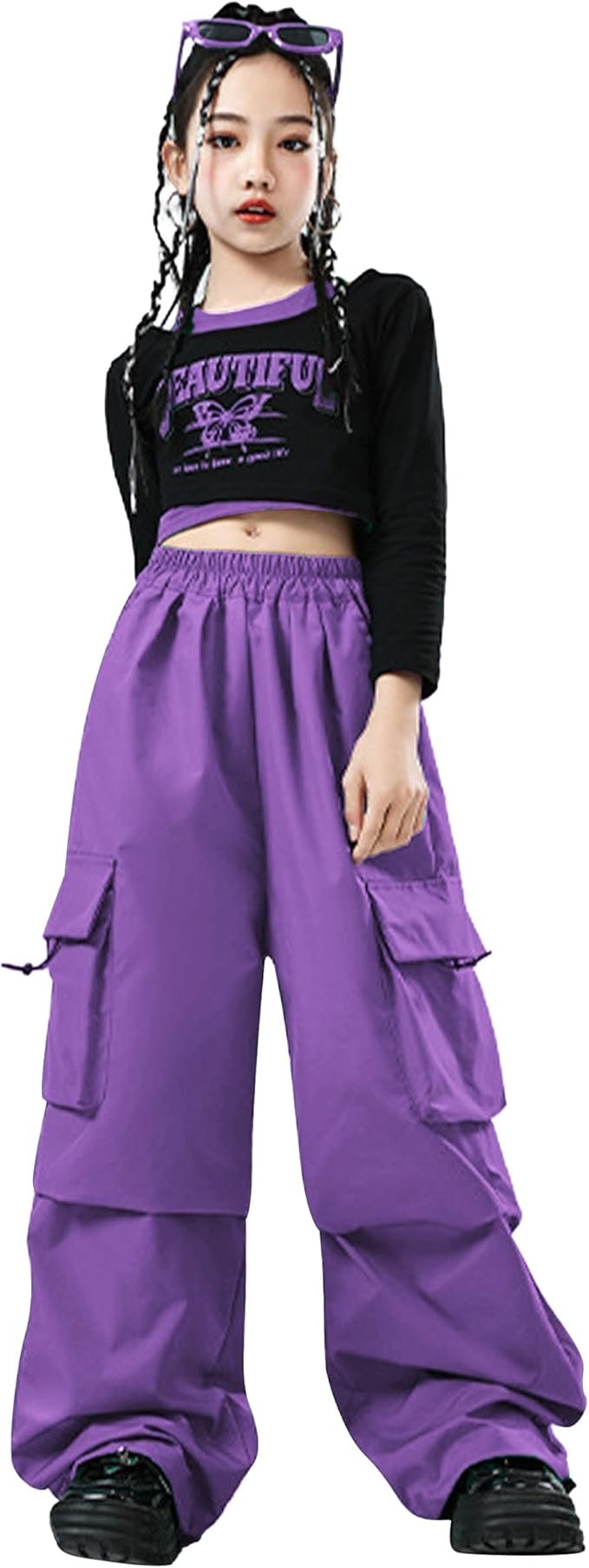 LOLANTA Ensemble Hip Hop Fille, Haut Court Imprimé & Pantalon Cargo, Tenue de Danse Tendance, Streetwear