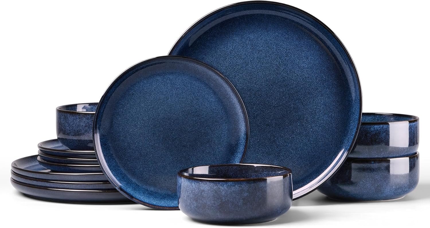 Service de table 12 pièces en grès émaillé réactif, assiettes et bols, résistant aux éclats et aux rayures, micro-ondes et lave-vaisselle, bleu nébuleuses