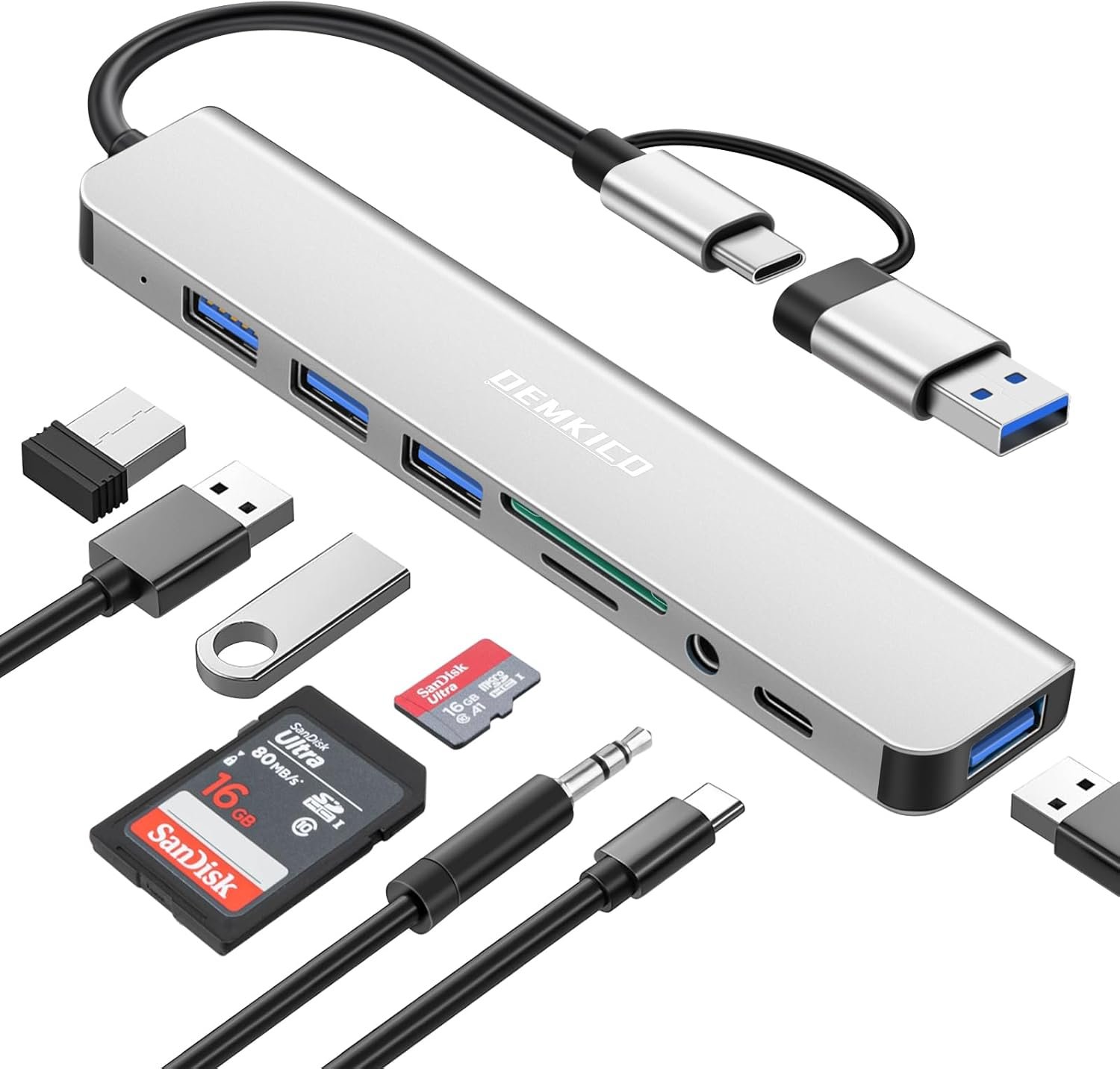 USB C 8-en-1 avec 4 Ports USB et Lecteur SD/TF (Argenté) | Port de Données USB C, Prise Audio 3,5 mm pour MacBook Pro Air Tablettes et Smartphones
