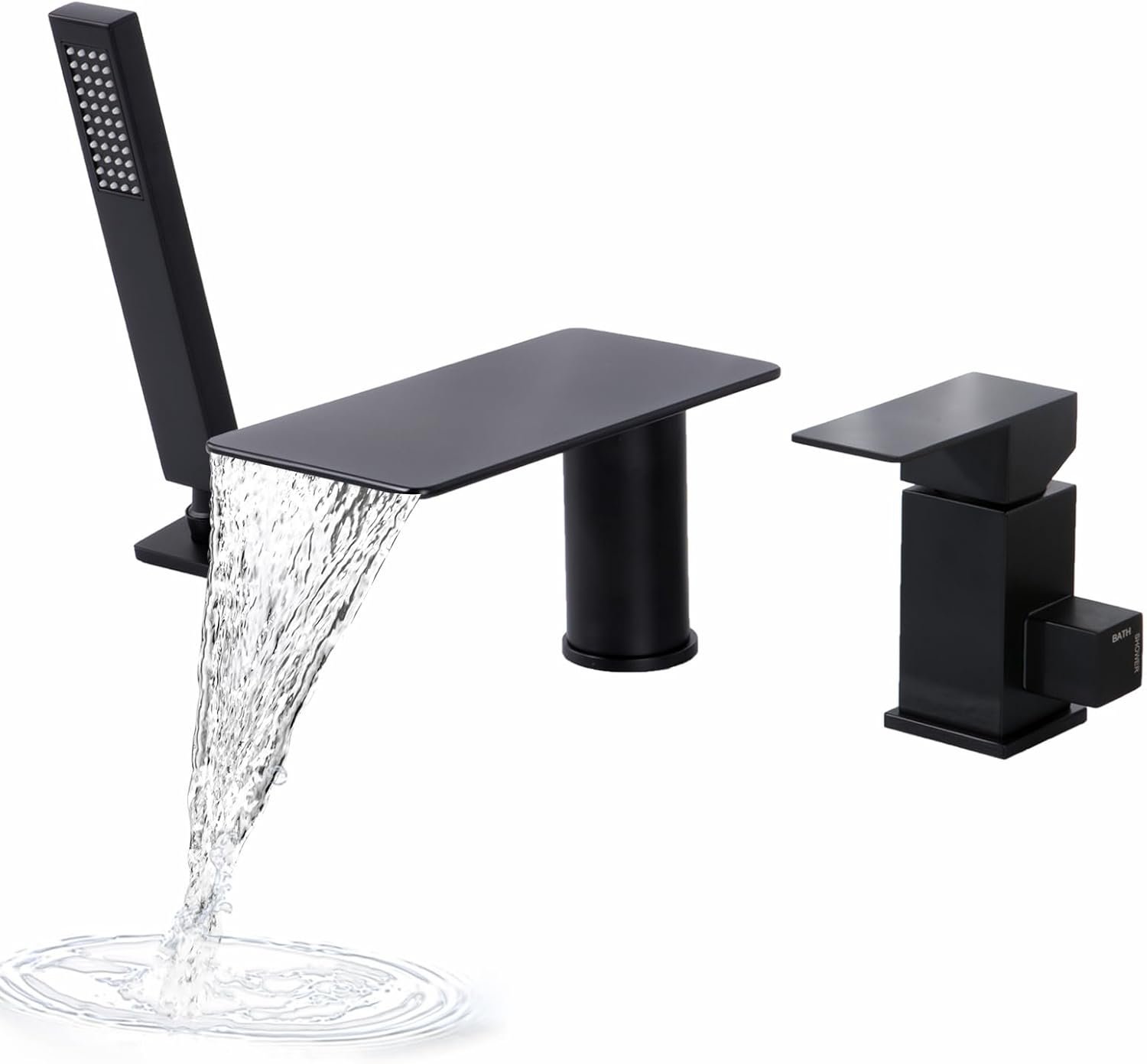 Robinet de baignoire à 3 trous avec cascade, 3 trous - Noir mat - Avec douchette