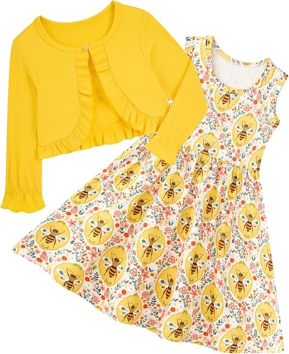 Ensemble Fille 2 Pièces – Robe Sans Manches Imprimée + Cardigan à Volants – 5 à 6 Ans