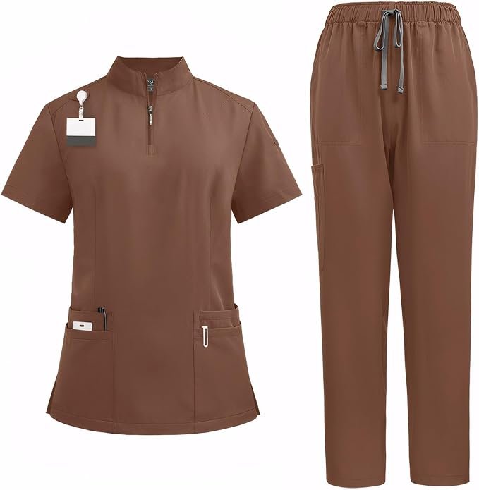 Ensemble d'uniforme médical unisexe en polyester avec col zippé et pantalon extensible 4 poches respirant à séchage rapide anti-boulochage