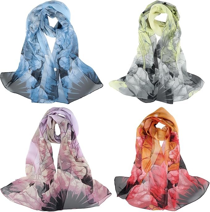 Lot de 4 Foulard Femme, Echarpes Femme Chiffon avec Imprimé, Foulard en Doux, Taille 150 x 50 cm