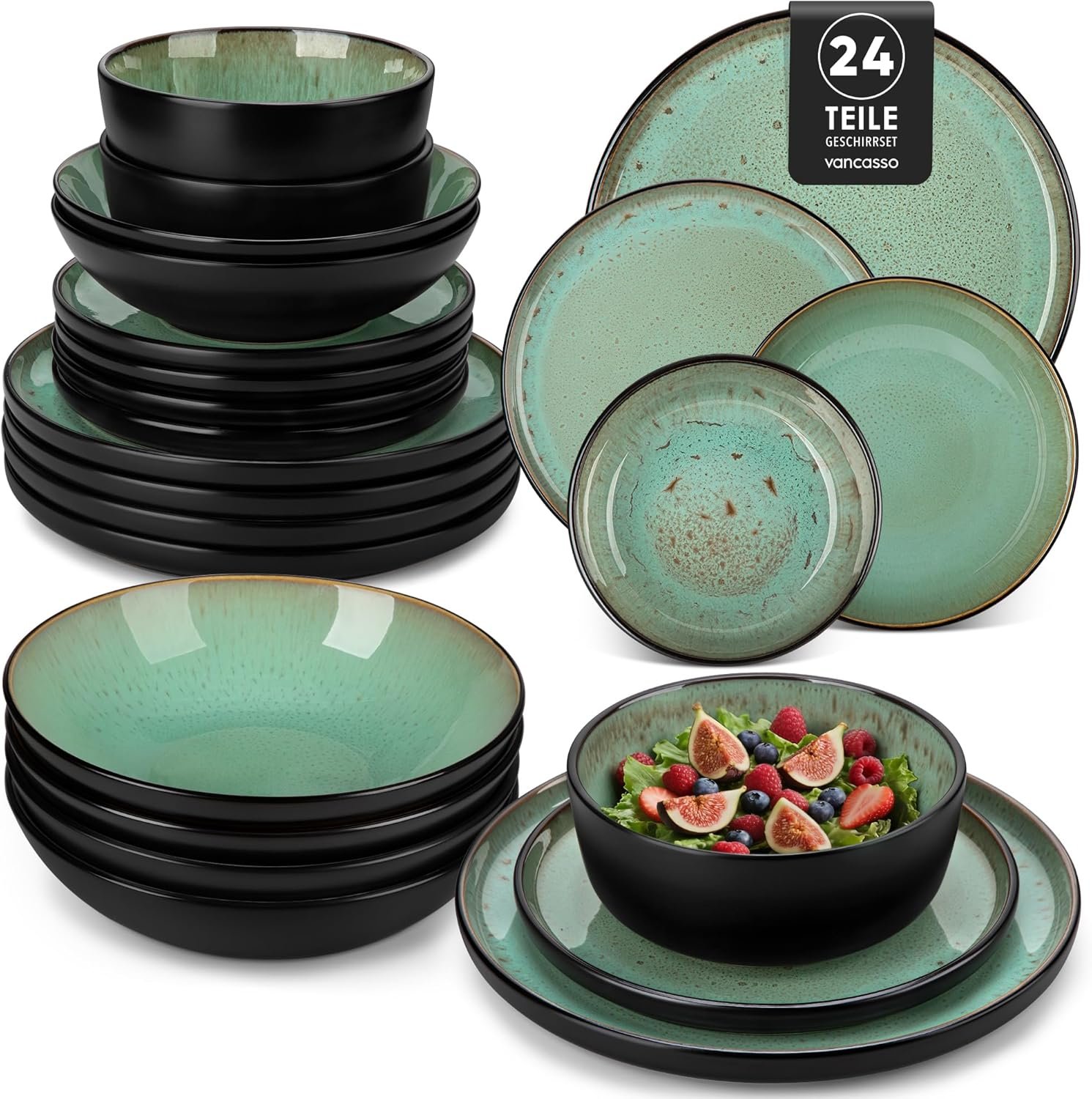 Vaisselle 6 Personnes, Ensemble Assiettes de Table 24 Pièces en Grès - Assiettes Plates, Assiettes à Dessert, Bols à Pâtes et Bols - Adapté au Micro-Ondes - Glaçure Vert