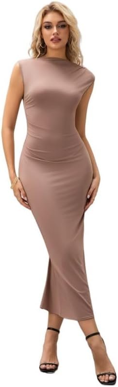 Robe Longue Femme Sexy sans Manches Col Haut Robes Plissée Moulante Chic et Elégant Bodycon Maxi Robe de Soirée D'éte Casual Slim Wrap Robes avec Fendue pour Cocktail Prom Fête Clubwear