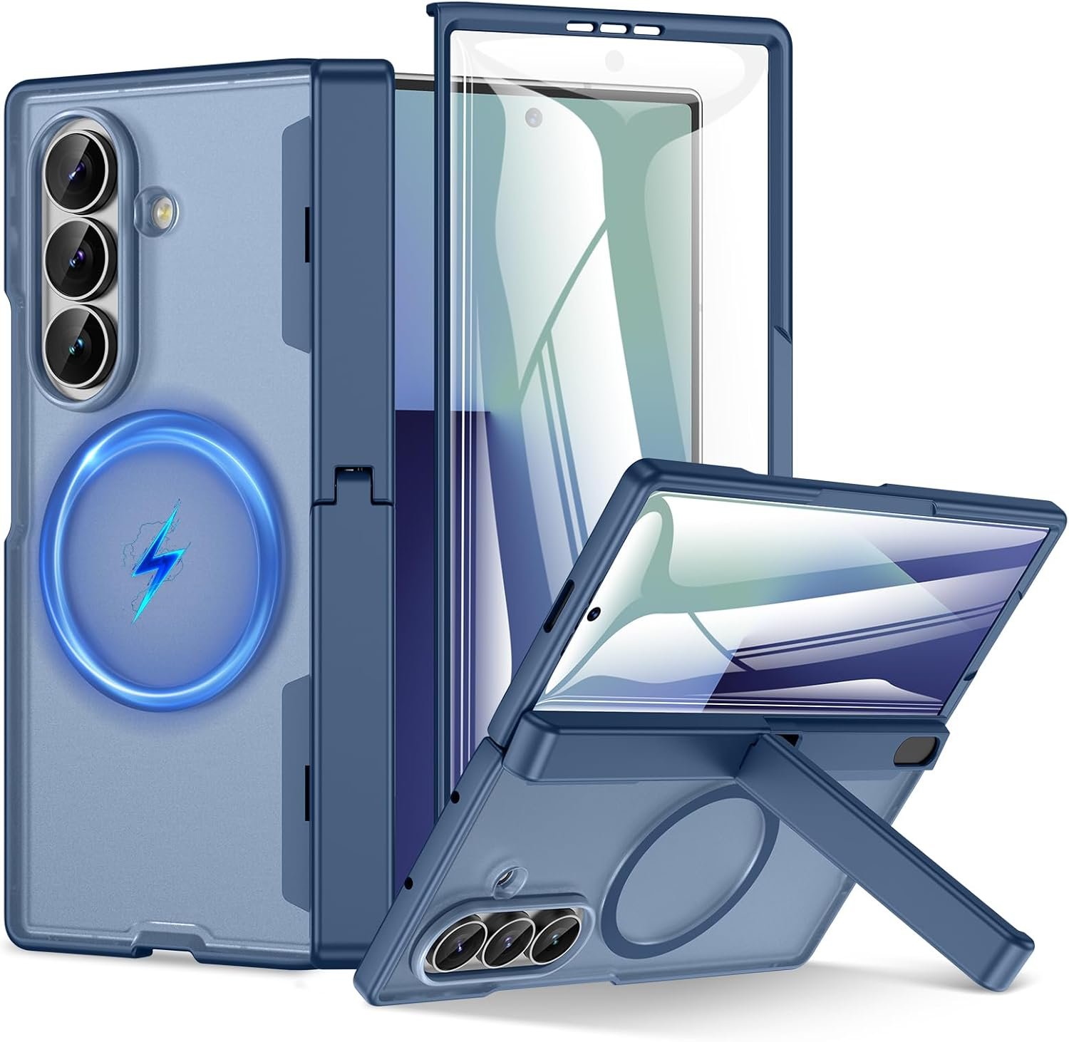 Coque pour Samsung Galaxy Z Fold 7 avec béquille, Protection d'écran Avant et Protection de la charnière Bleu