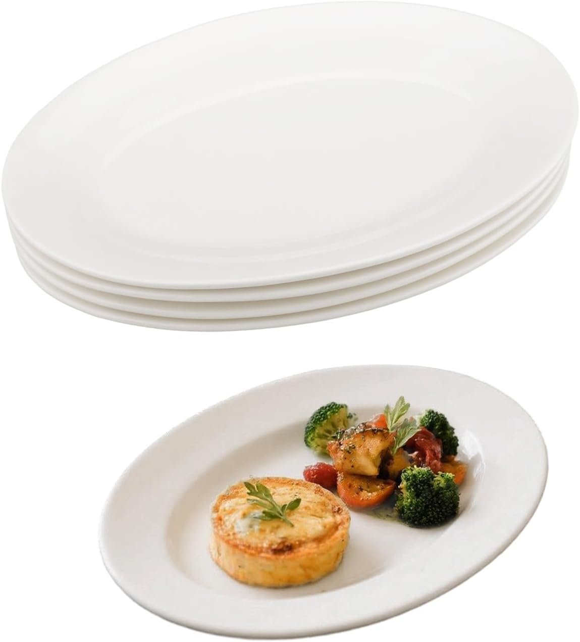 Lot de 4 Ovale Assiettes Plates Assiette Porcelaine Blanches 25.5x16.8x3 cm Assiettes Service de Table pour Dîner, Dessert, Bifteck, Apéritif, Sushi, Gâteau