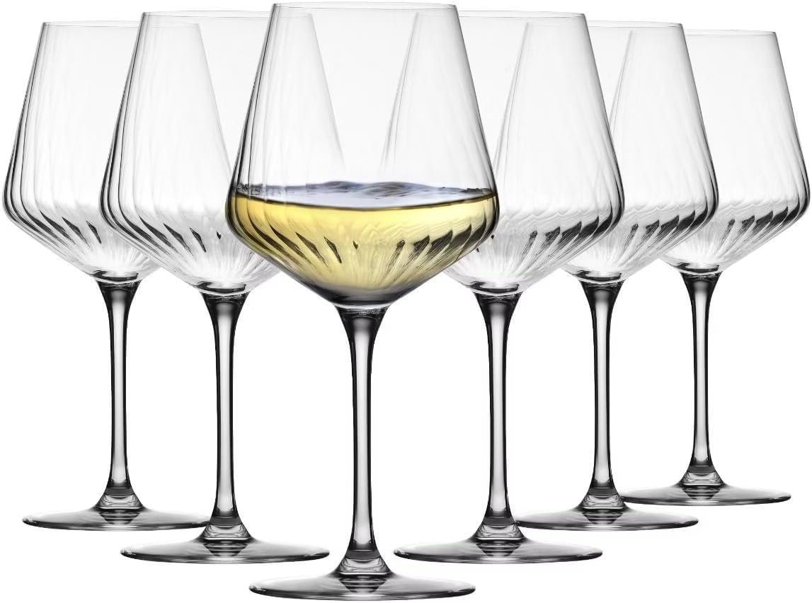 Verres à Vin Chardonnay 560 ml – Lot de 6 Verres en Cristal Sans Plomb, Grand Calice avec Motif Optique, Pour Vin Blanc et Rouge Léger, Lave-vaisselle