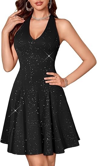 HomRain Robe de cocktail à paillettes avec col en V pour femme, Taille: XXL (Couleur: Noir)