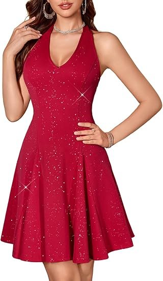 Robe de cocktail à paillettes avec col en V, Taille: M (Couleur: Rouge)