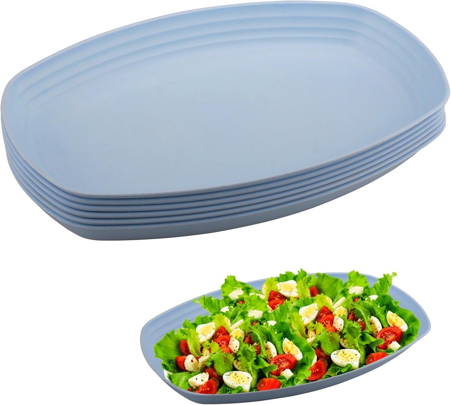 6 Pièces Assiette Plastique Reutilisable de 29.7 cm Assiettes Plastique de Camping, Incassables, Assiettes Ovales en Plastiques pour Pique-nique, Camping, Jardins, Extérieur - Sans BPA - Bleu