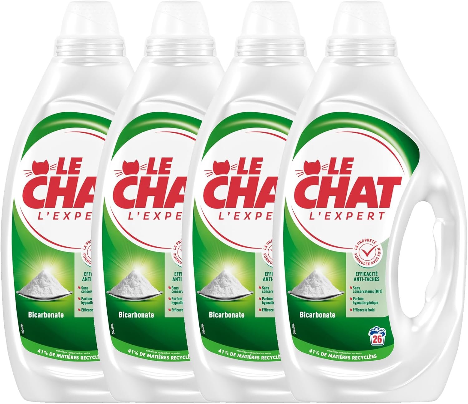 Lessive Liquide, L'Expert Bicarbonate, Lessive pour entretien du linge, Parfum Hypoallergenique, Efficacite anti-taches, 4x26 lavages