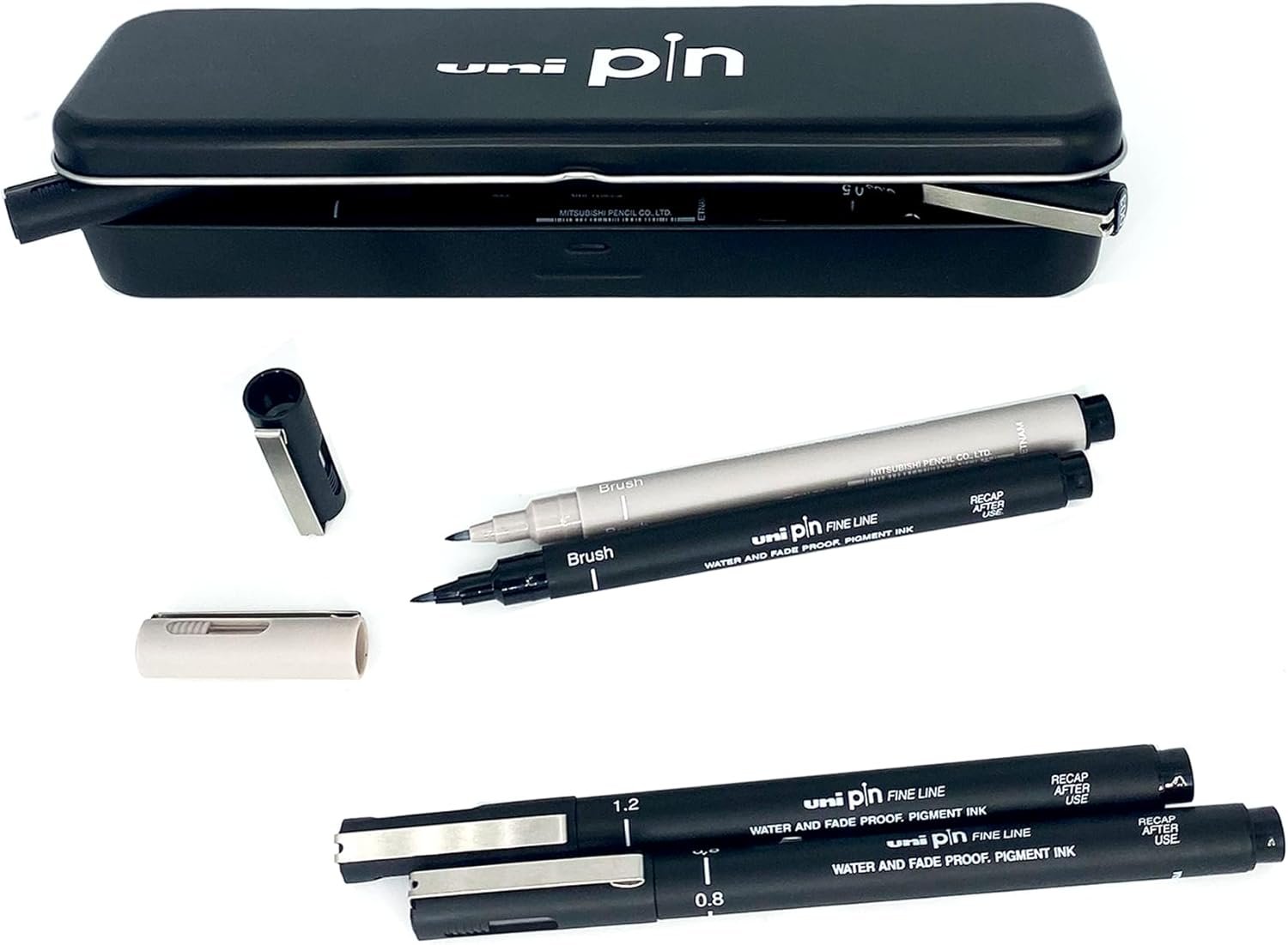 Plumier Métal + 8 Feutres de Dessin et d'Écriture Uni-Pin - Pointes Calibrées et Brush - Dessiner, Écrire, Tracer