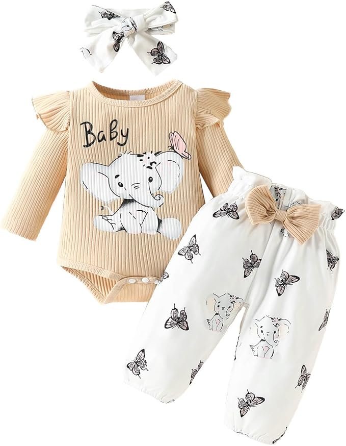 2026 - Enfant Fille Manches Longues Côtelé Cartoon Imprimés Barboteuse Body Pantalons Bandeaux Tenues Ensemble de Vêtements Fille 92