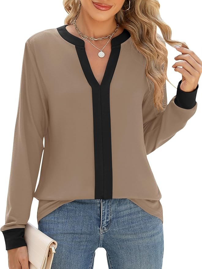Chemisier élégant pour femme - Col en V - Automne - Manches longues - Décontracté - Tenue d'affaires