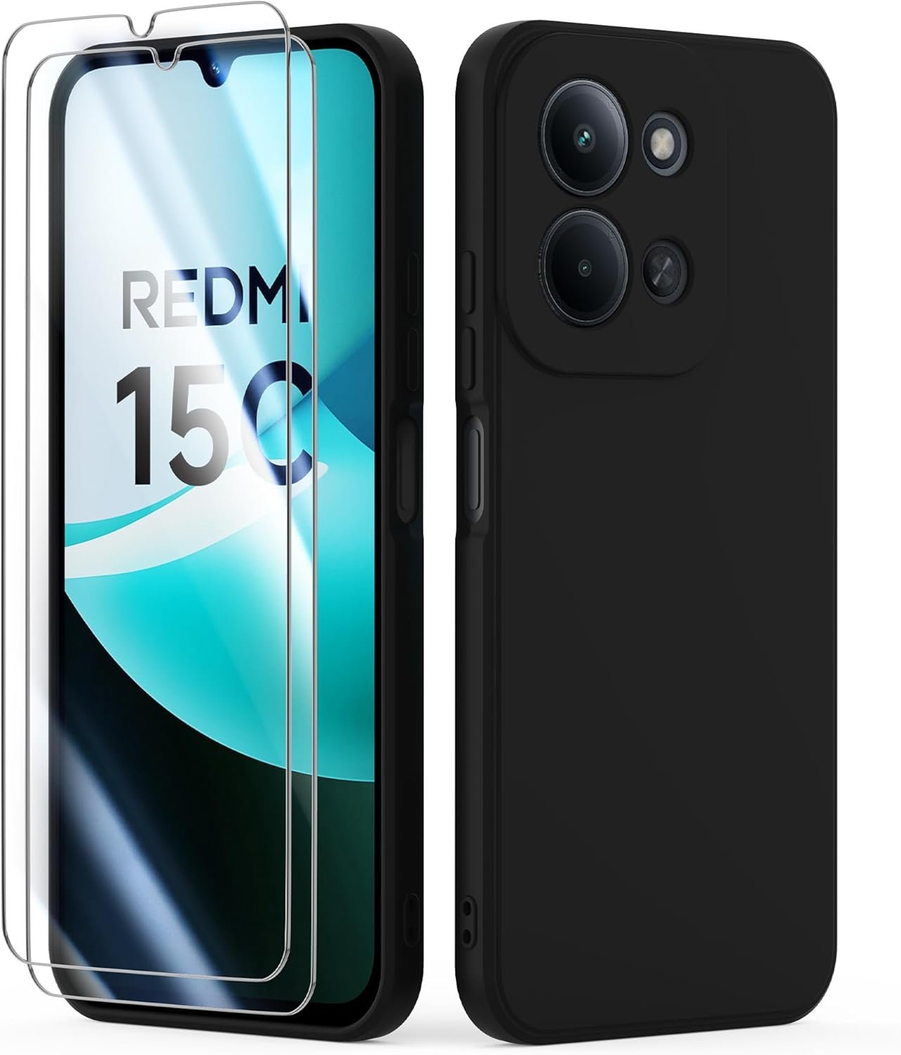 Coque pour Xiaomi Redmi 15C 4G / 5G (6.9") avec 2 Verre Trempé Protection écran,Housse Liquide Souple, (Noir)