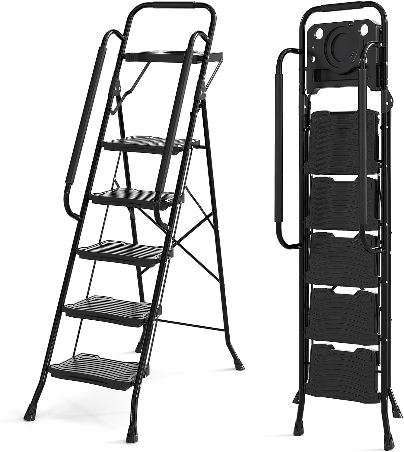 Escabeau Métallique 5 Marches avec Plateau Porte-Outils, Échelle Pliante avec Pédales Larges