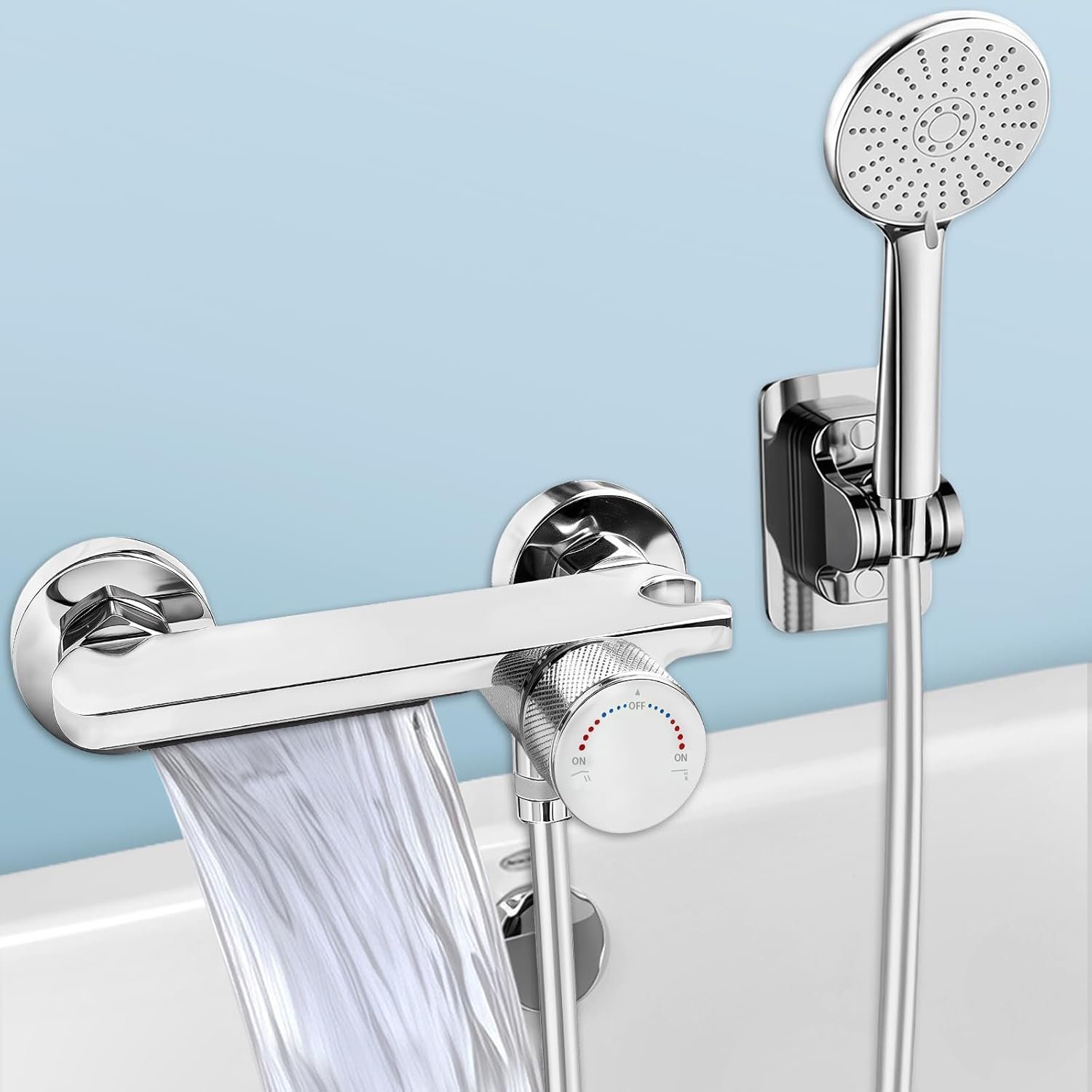 Mitigeur Baignoire, robinet cascade avec douchette, Robinet Baignoire avec Douchette 5 Jets, Robinet Salle Bain Baignoire Mural avec Flexible 1,5m, Robinet de baignoire