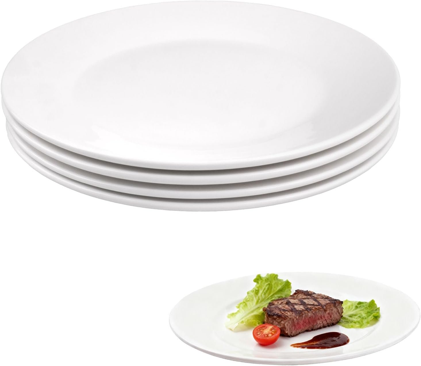 Lot de 4 Assiette Porcelaine Blanches, 25 cm Assiettes Plates Céramique de Haute Qualité, Assiettes Service de Table pour Salade, Pâtes, Dessert, Steak, Fruits