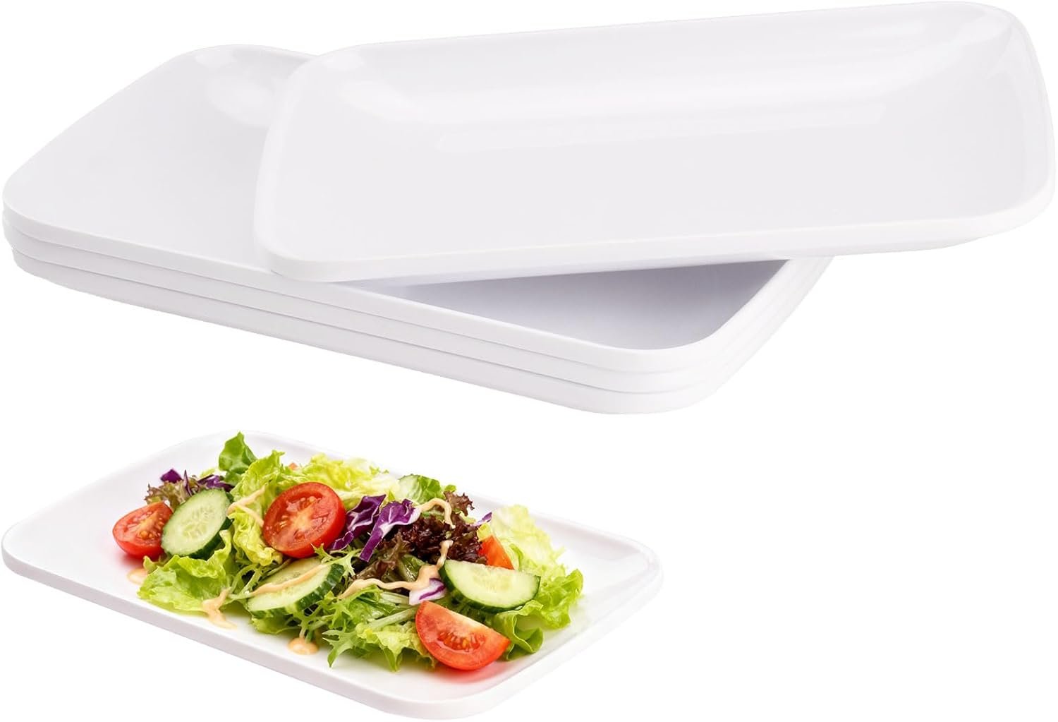 Lot de 4 Assiette Blanche Rectangulaires Petit Plateau de Service en Plastique Mélamine Vaisselle Plates pour Antipasti, Sushis, Buffets, Dessert, 24,2 x 15,3 cm
