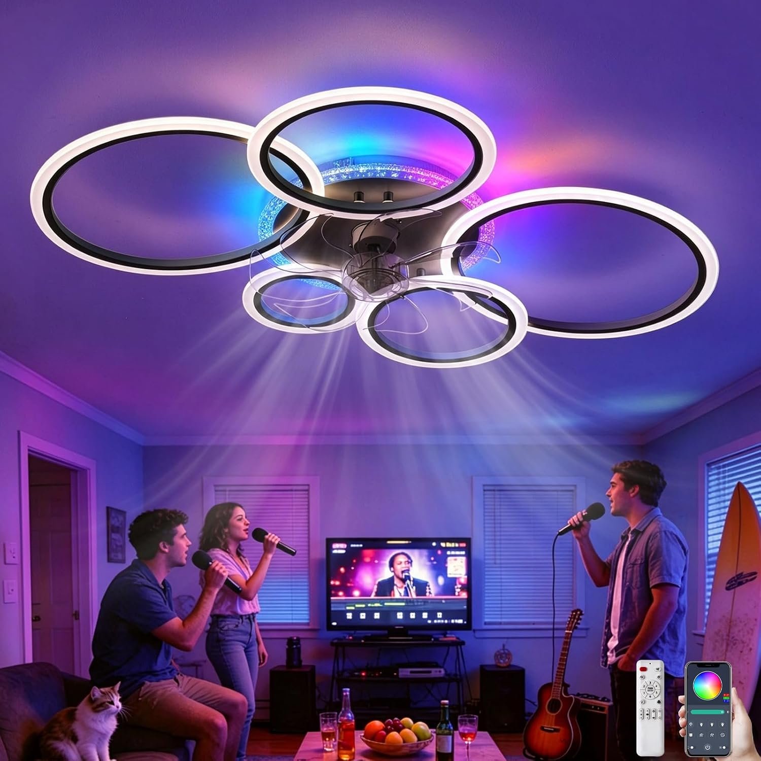 Ventilateur Plafond avec Lumiere LED Couleur avec Télécommande 95CM