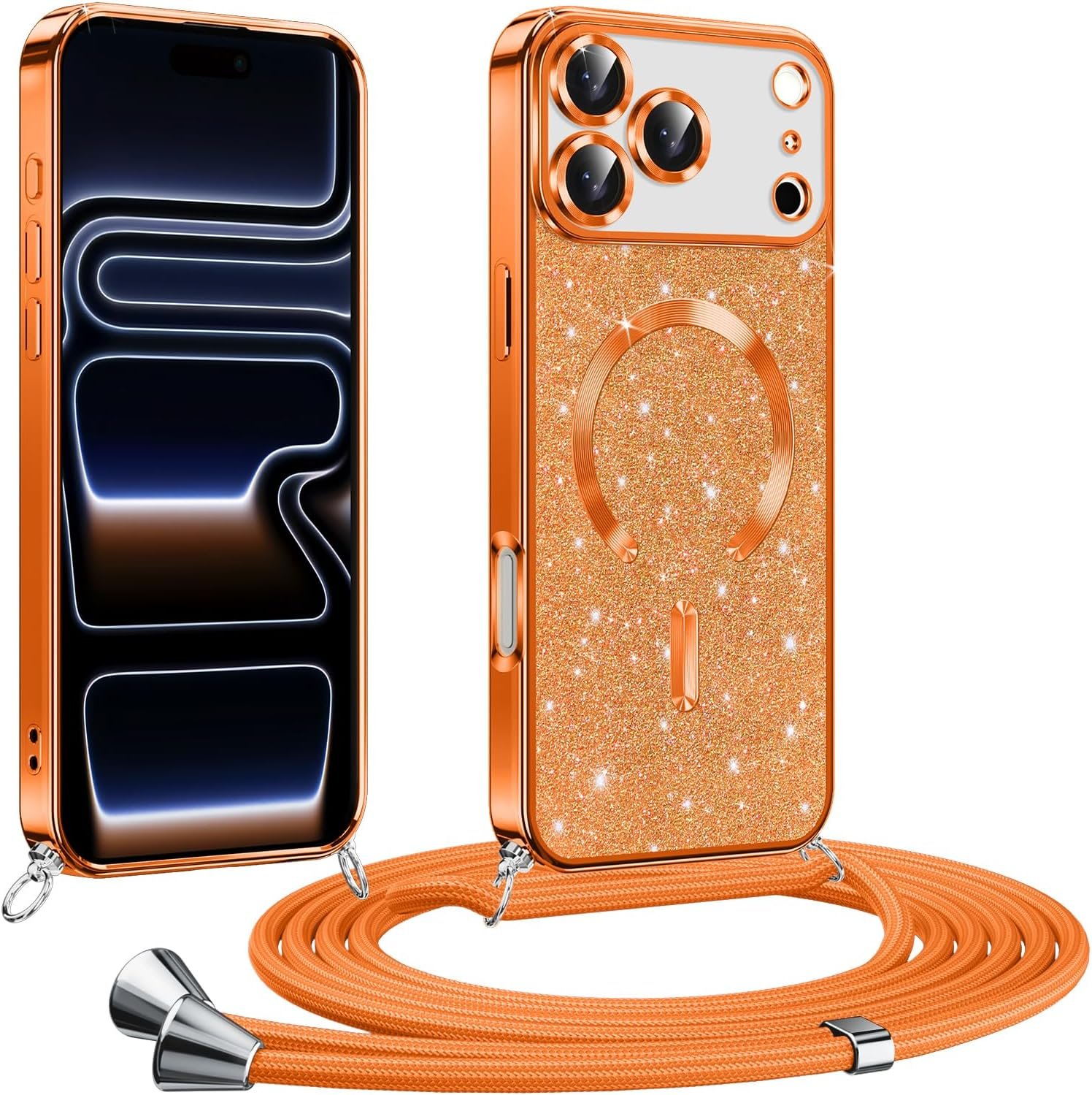 Phoona Coque pour iPhone 17 Pro Max avec Cordon, Etui à Paillettes Compatible avec MagSafe, Réglable Collier,Orange