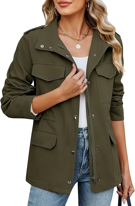 Veste Femme mi Saison Court Léger Blouson en Coton, Décontracté Élégante Jacket Saharienne Veste Manteau avec Multi Poches pour Printemps Été Automne