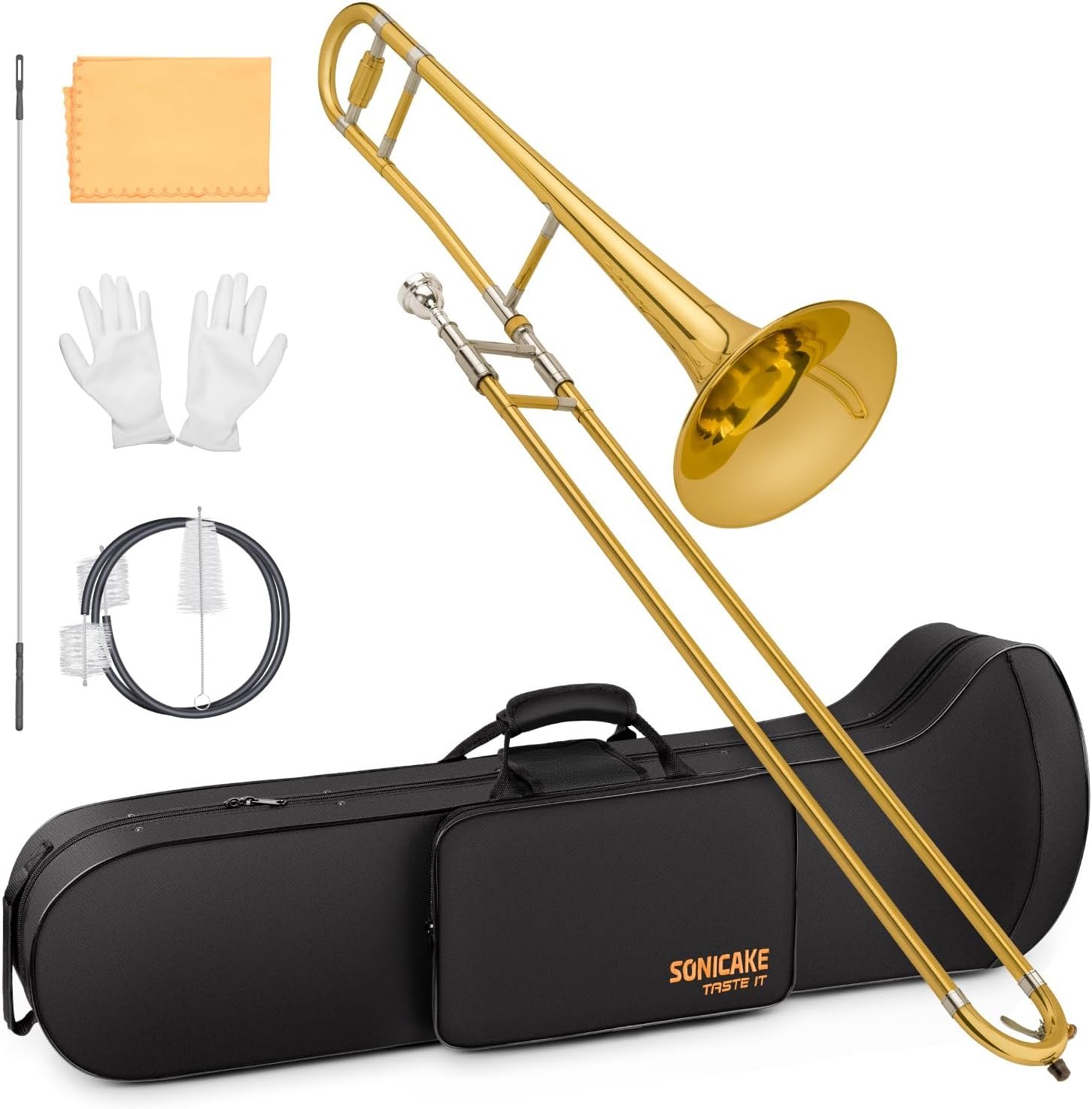 Trombone Alto Bb Laqué Or, Kit complet pour débutant