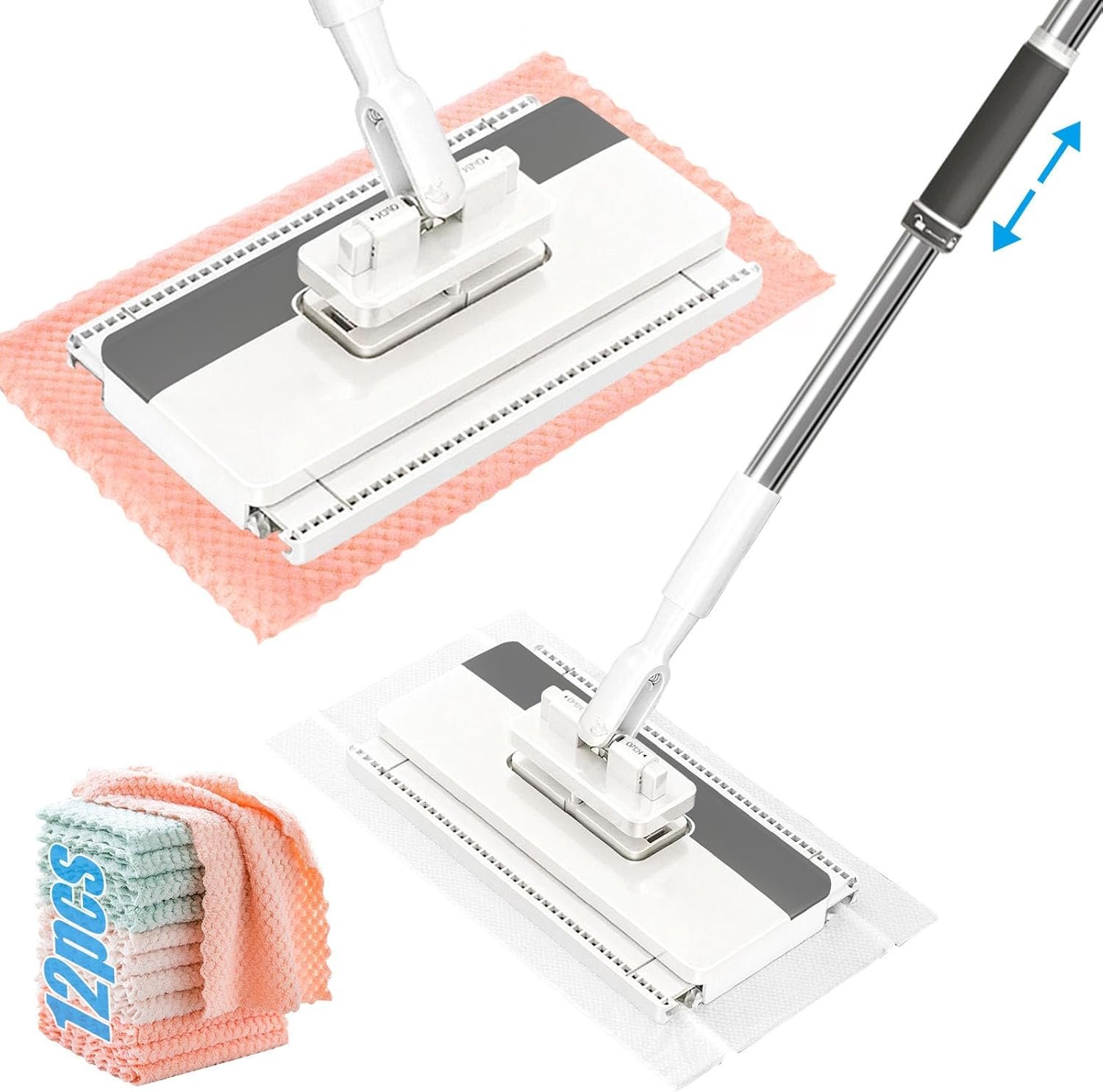 Serpillère en microfibre avec système de serrage à pression, serpillère automatique avec 12 chiffons en microfibre réutilisables