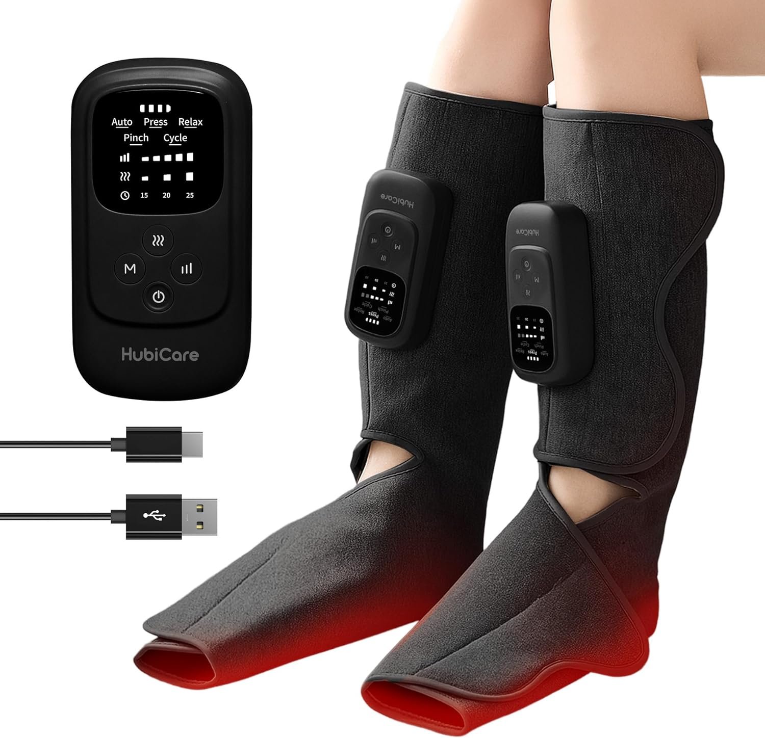 Masseur de mollets et de pieds sans fil avec compression de la chaleur et de l'air pour la circulation et le soulagement de la douleur, 5 modes avec 5 intensités
