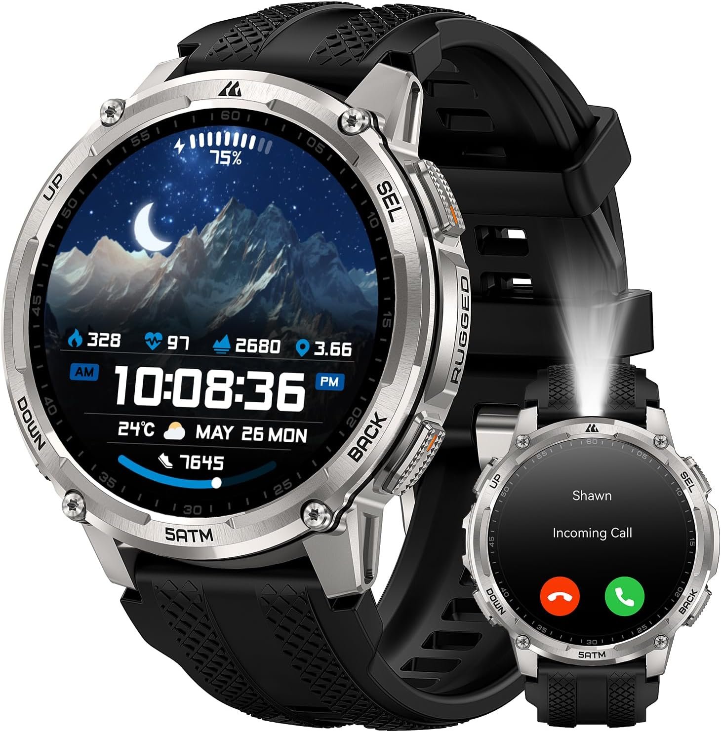 Montre Connectée Homme, Lampe Torche LED, Talkie-Walkie