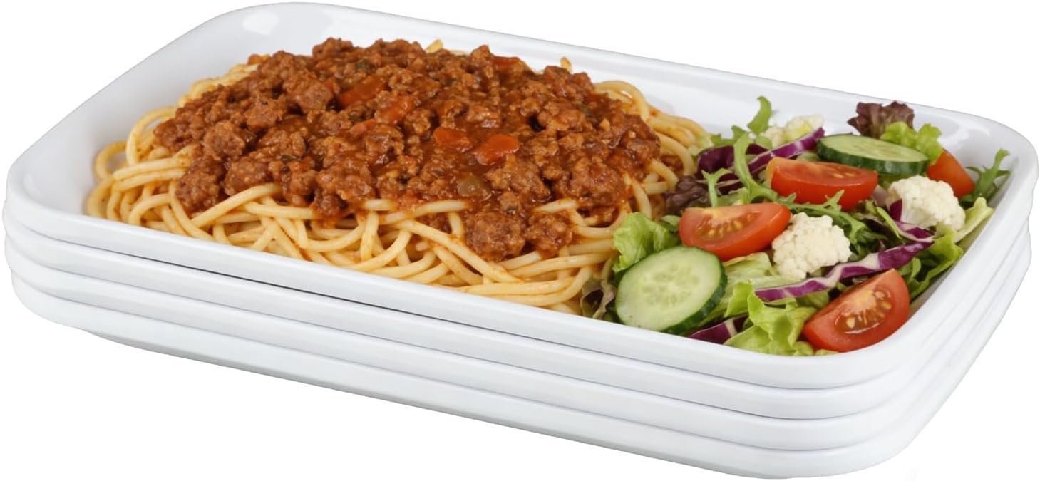 Lot de 4 Assiette Rectangulaire Blanche Petit Plateau Plastique Melamine Assiettes Plates Vaisselle pour Gâteau, Dessert, Salade, Sushi, Buffets, Antipasti, 19 x 12 cm