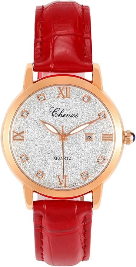 Montre Quartz Femme Bracelet Cuir Montres Analogique Quartz Dial Étoile avec Brillant Strass Aiguilles Lumineuse Chiffres Romains Luxy Montre Habillée Élégant Cadran Rond Or Rose Date Calendrier