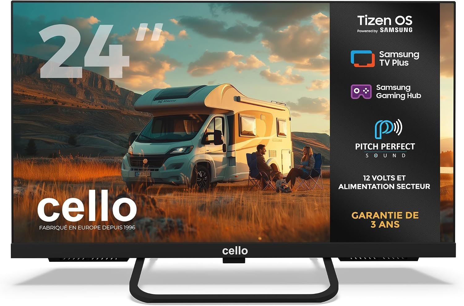 Smart TV 24 Pouces, 12 V/230 V, Tizen OS de Samsung, Gaming Hub, Bluetooth, Triple Tuner intégré, pour Camping-Car et Bateau