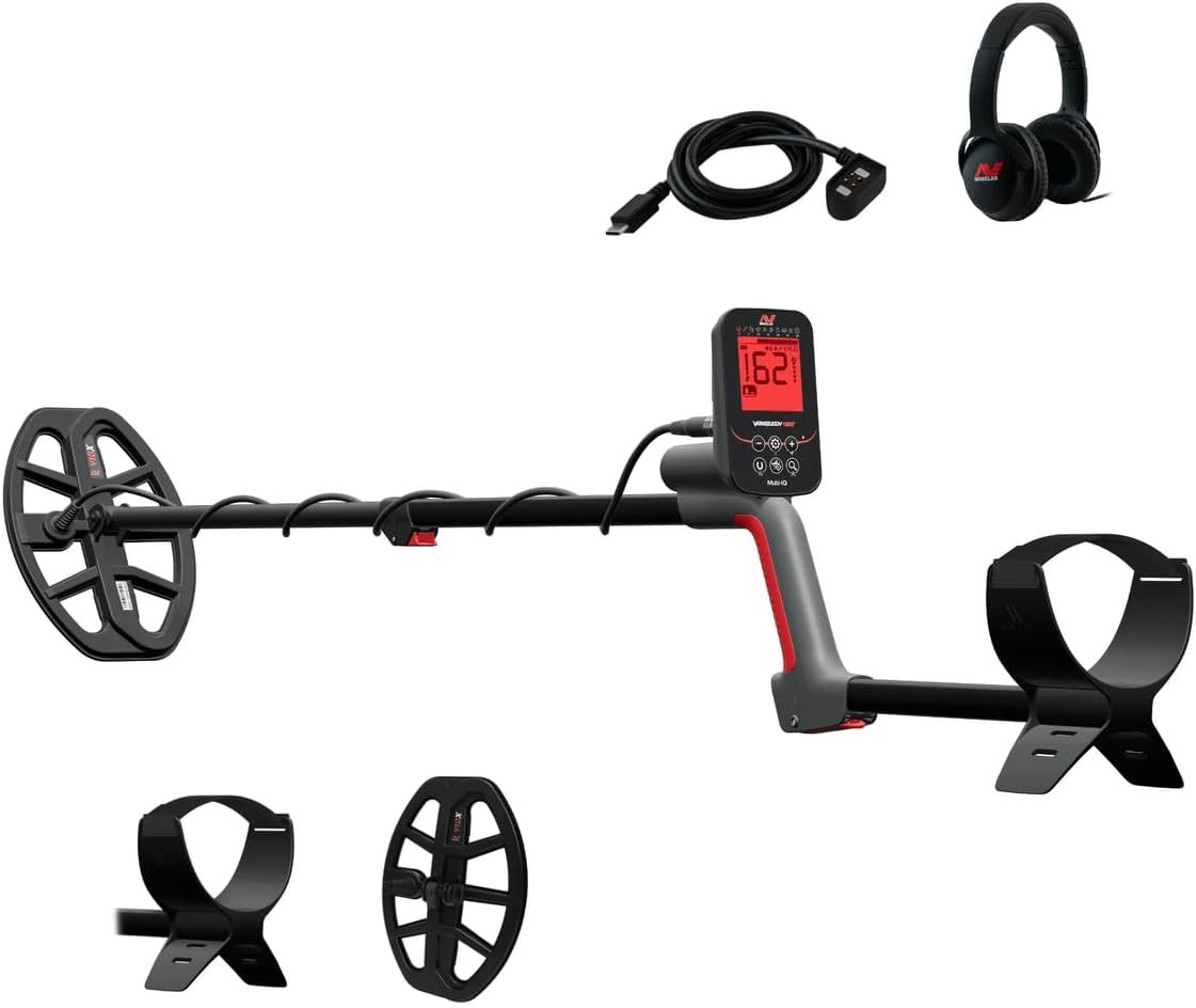 MINELAB Vanquish 460 Détecteur de métaux étanches légers entièrement automatiques avec technologie multi-IQ, comprend une bobine double-D V10X 10" et un casque filaire