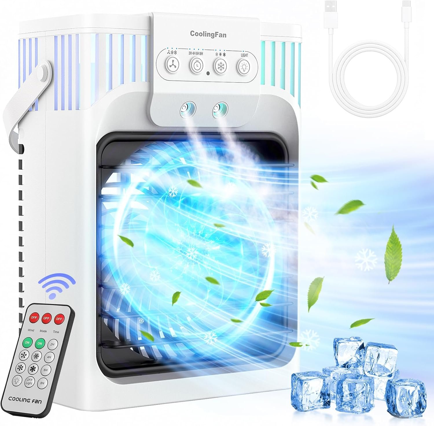 Climatiseur Mobile 1200ml avec Télécommande, Refroidisseur d'air 5 en 1 avec 3 Vitesses, Veilleuse 7 Couleurs