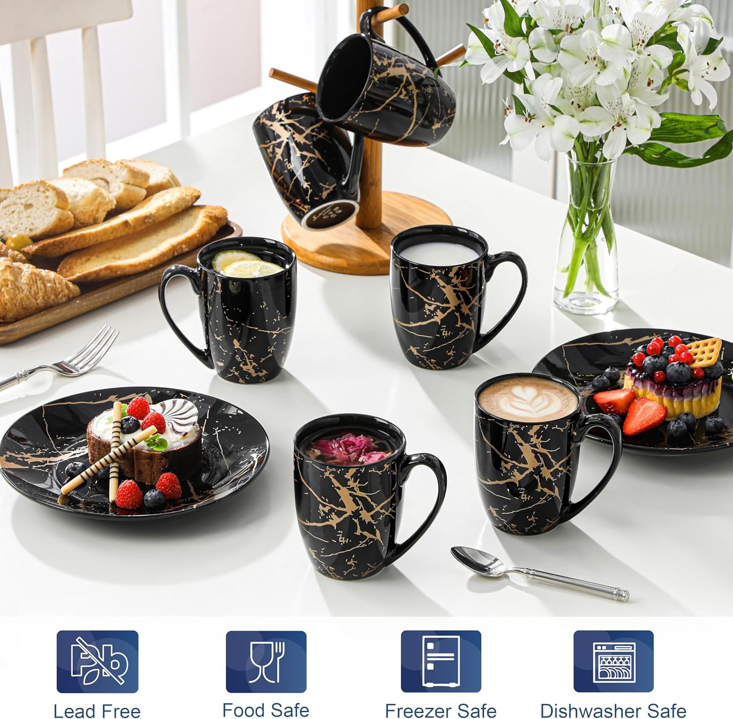 Tasses à Café en Porcelaine 330ml – Lot de 6 Mugs avec anse pour Espresso, Cappuccino, Latte & Thé – Compatible Lave-vaisselle et Micro-ondes – Design Noir et Doré Élégant