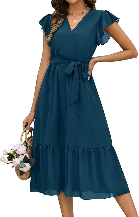 Robe Longue Femme Ete Chic et Elegant Robes sans Manche à Volants Légèr Fluide Col en V Robe Boheme