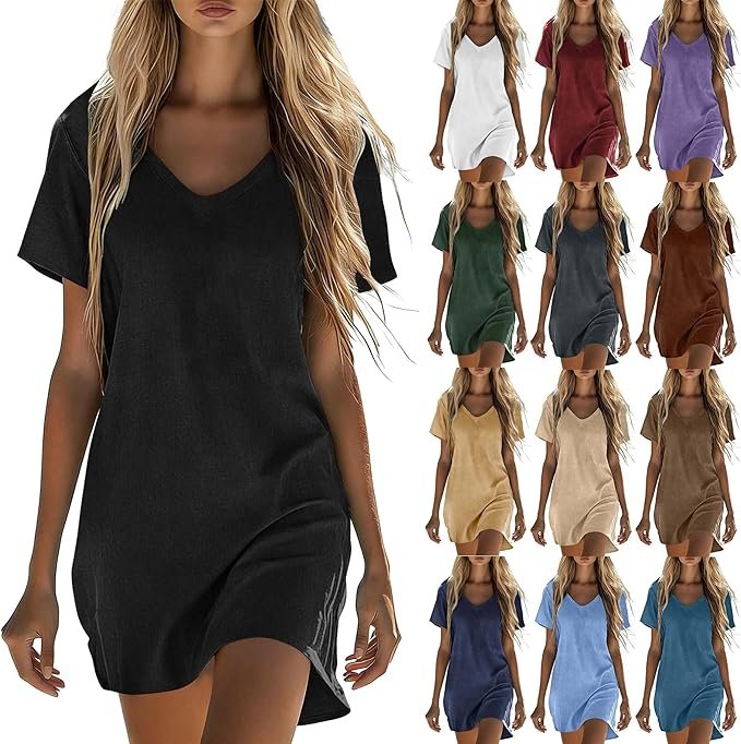 Robe Femme En Coton Lin Chic Et Elegant Dress Manche Courte Col V Pour Femmes Robes Tunique D'Été Mi Longue Dress Droite Décontractée Boheme Chic Robes De Plage Vacances Soiree Vêtement Grande Taille