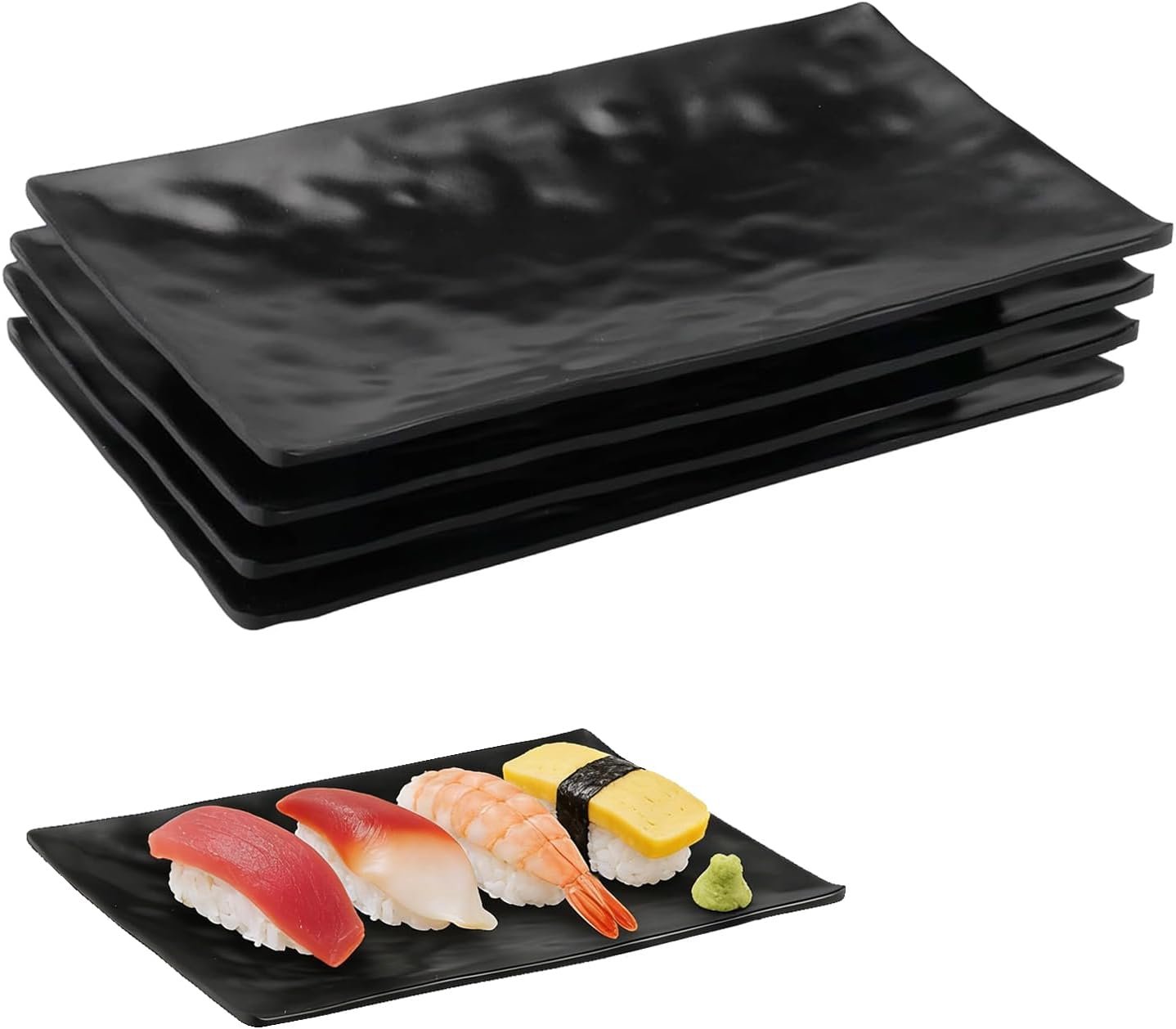 4 Pièces Assiettes Noires pour Entrées, Assiettes Noires Petites, Plats de Service Rectangulaires, Réutilisables, pour Sushis, Dessert, Salade, Fruits, Antipasti et Accompagnements(Modèle B)