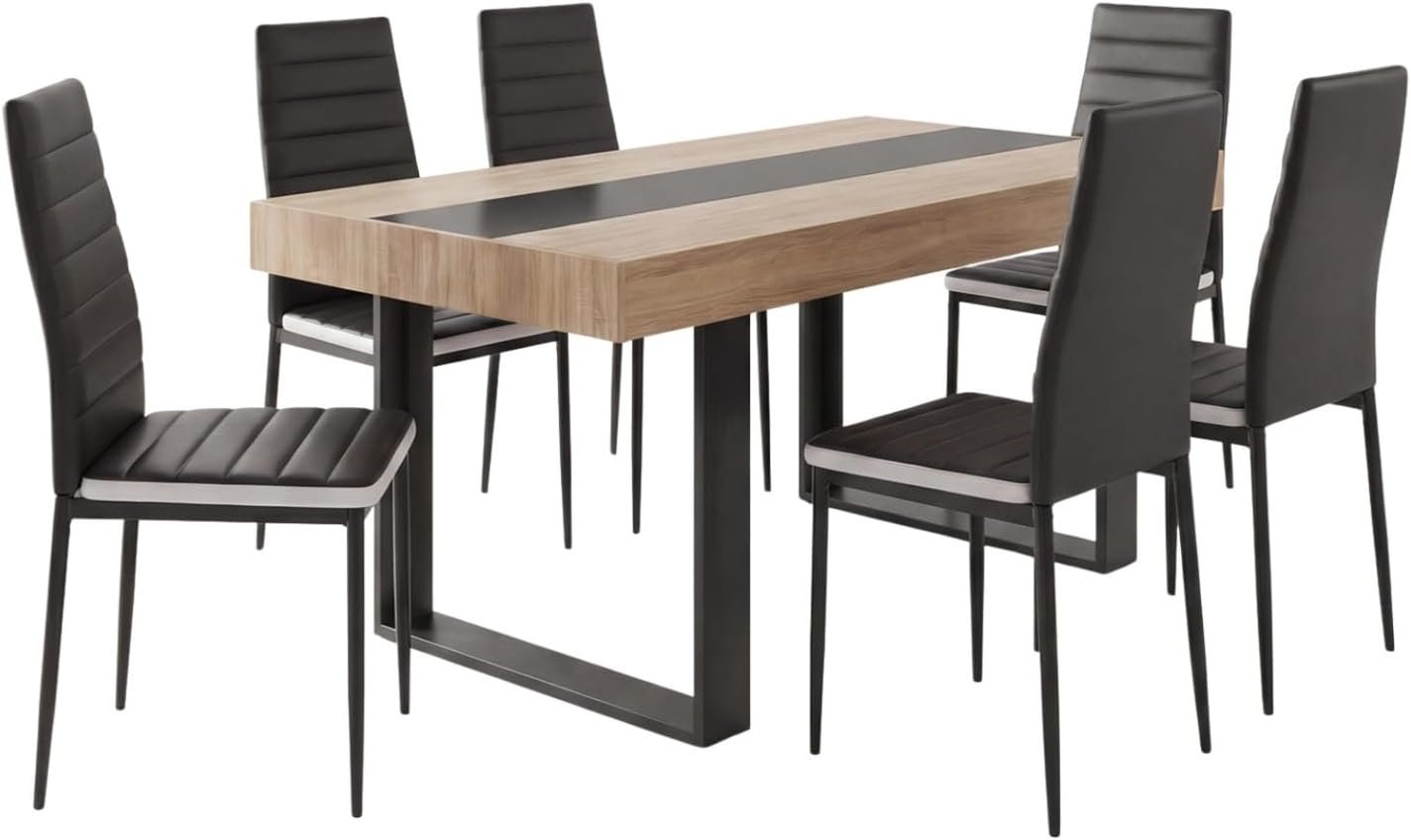 Ensemble Table à Manger Rectangle Phoenix Bois et Noir Bande Centrale Noire 160 cm et 6 chaises Romane Noires Bandeau Blanc