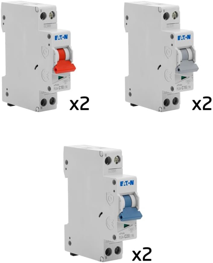 Lot de 6 disjoncteurs modulaires Ph+N – 2×10A, 2×16A, 2×20A