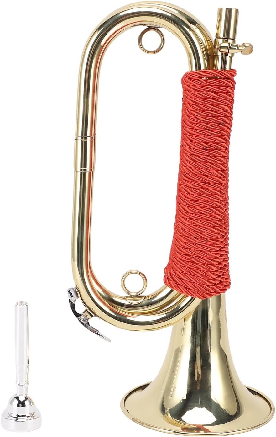 Trompette de Cavalerie en Laiton plaqué or, Poignée Tressée Rouge et étui de Rangement Inclus