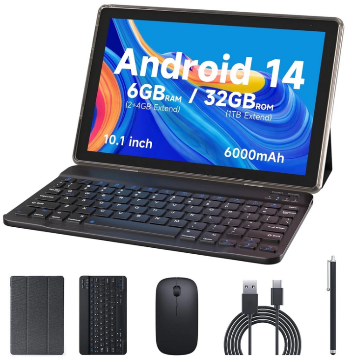 Tablette 10,1 Pouces Android 12 OS Tableta, Tablettes 2 en 1 avec Clavier, Souris, Etui, Stylet, Film Trempé, 32 Go de ROM + 2 Go de RAM, Double Caméra 8 MP, Processeur Quad Core, Batterie 6000 mAh.