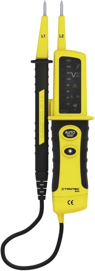 Testeur de tension bipolaire BE20 avec fonction de continuité acoustique, plage de mesure de 12 à 600 V AC/DC, indicateurs LED et protection IP64, idéal pour le contrôle de la tension électrique et la vérification de la continuité des circuits.