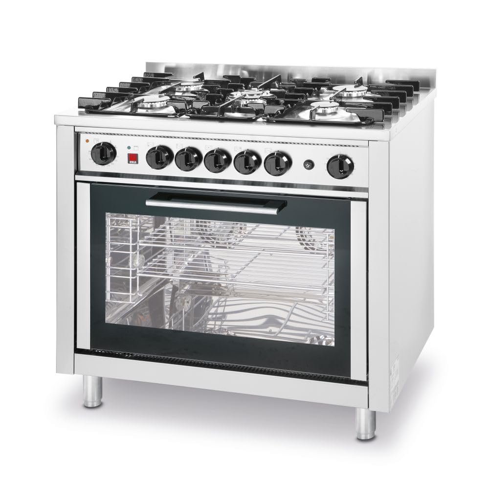 Fourneau à gaz professionnel avec 5 brûleurs (14,3 kW) et four électrique à convection + grill, allumage piézoélectrique, pour gaz naturel, 230V/2900W, 900x653x(H)900mm, inox