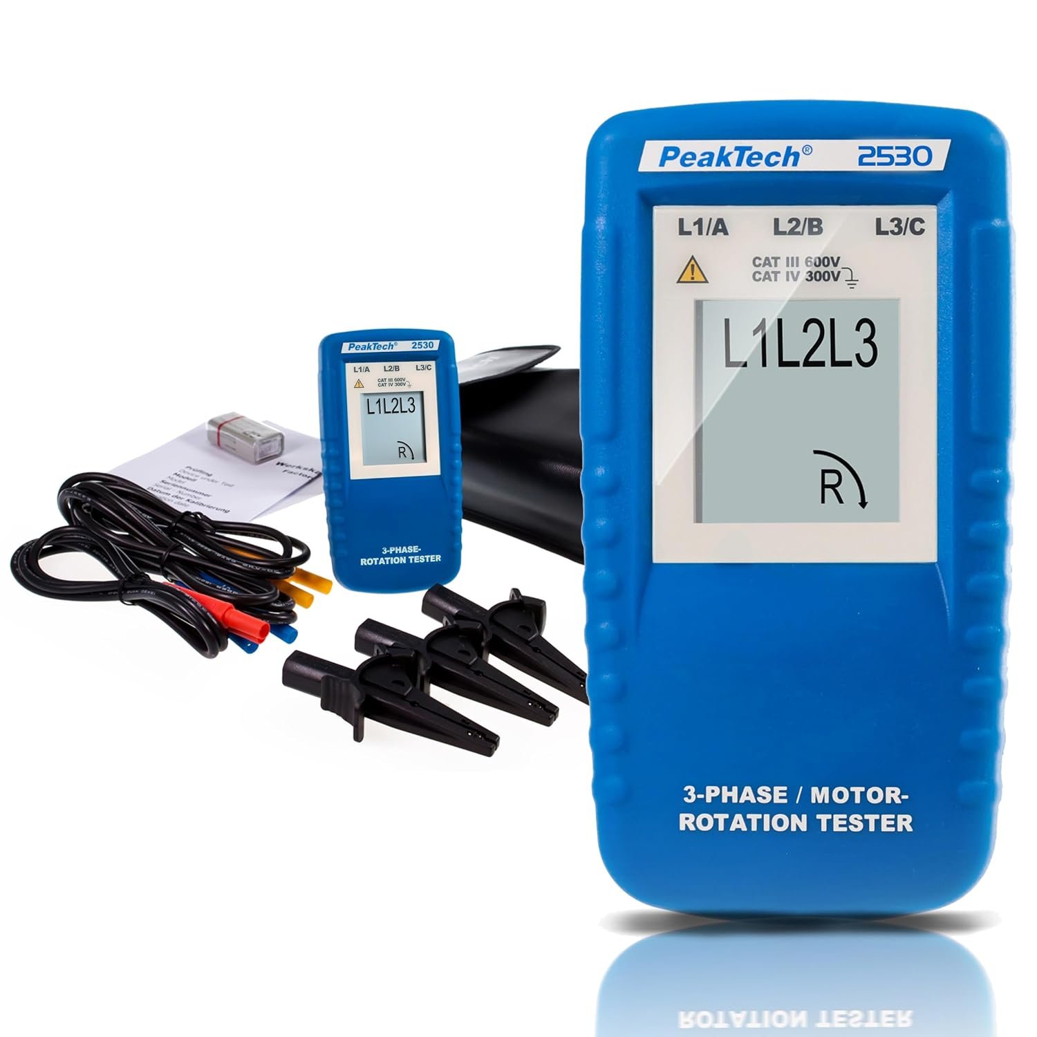 Indicateur de sens de rotation triphasé P 2530, testeur de champ rotatif avec écran LCD pour vérifier l’ordre des phases et contrôler le sens de rotation des systèmes électriques triphasés.